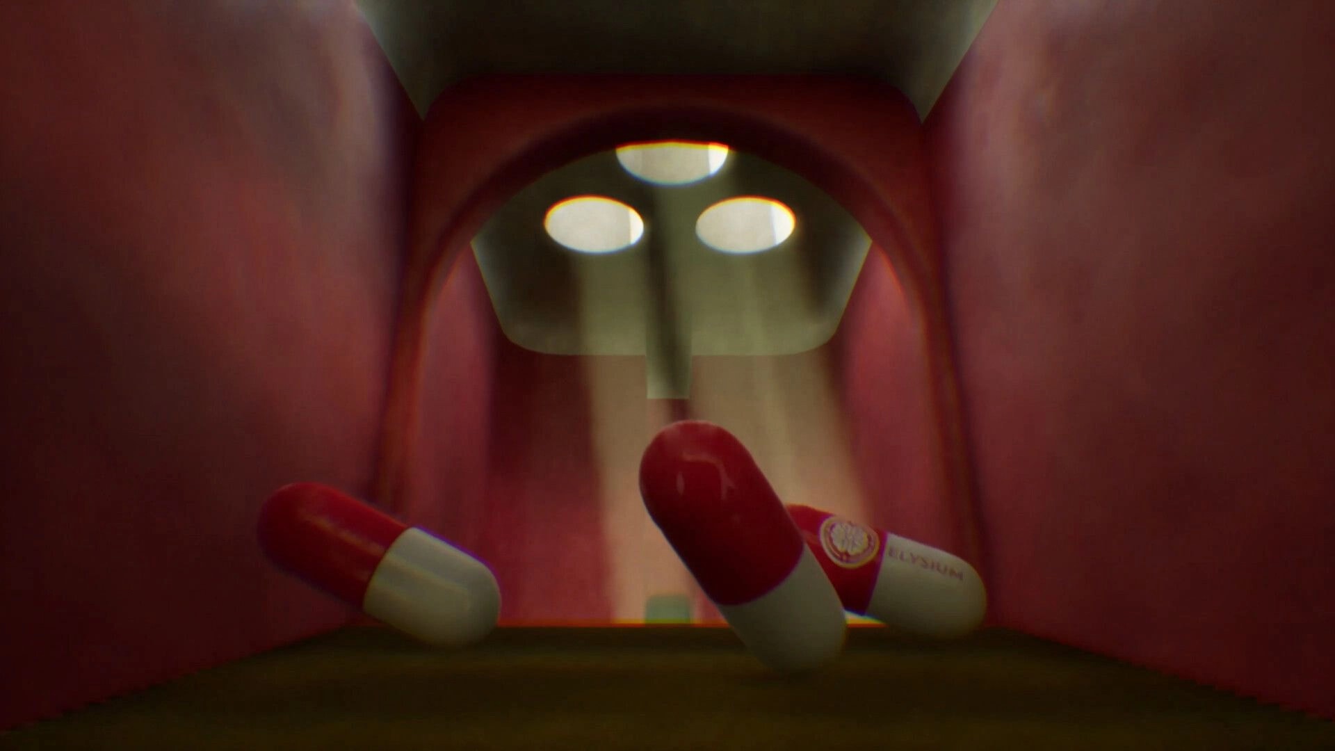 BrokenLore: First-person view of red-and-white capsules under a bright dental lamp in a mouth-like room.