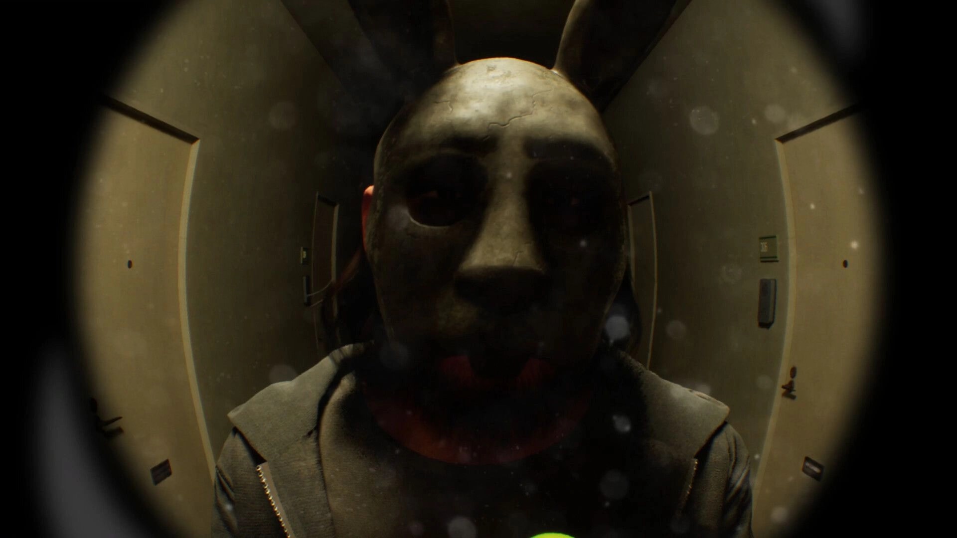 BrokenLore: Masked figure with rabbit ears stares into peephole camera in a dim apartment hallway.