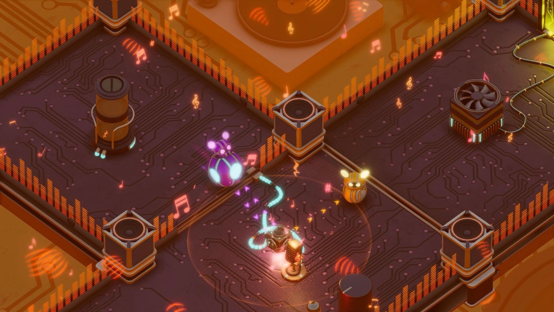 Bytebond: Robots navigating a glowing circuit board with music notes in a digital-themed environment