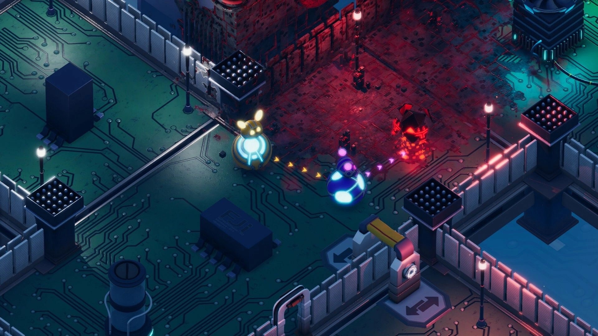 Bytebond: Two glowing orbs navigate a circuit board environment with red and blue lighting effects