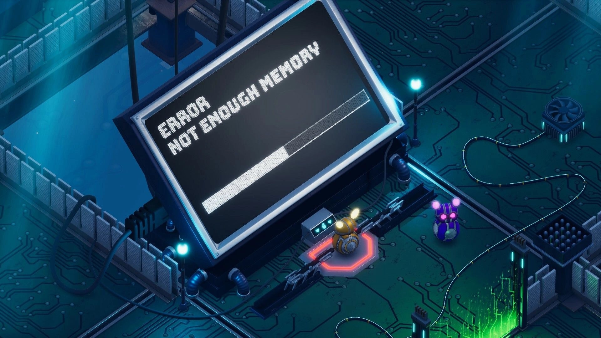 Bytebond: Characters face "Error: Not Enough Memory" message on a large circuit board screen environment