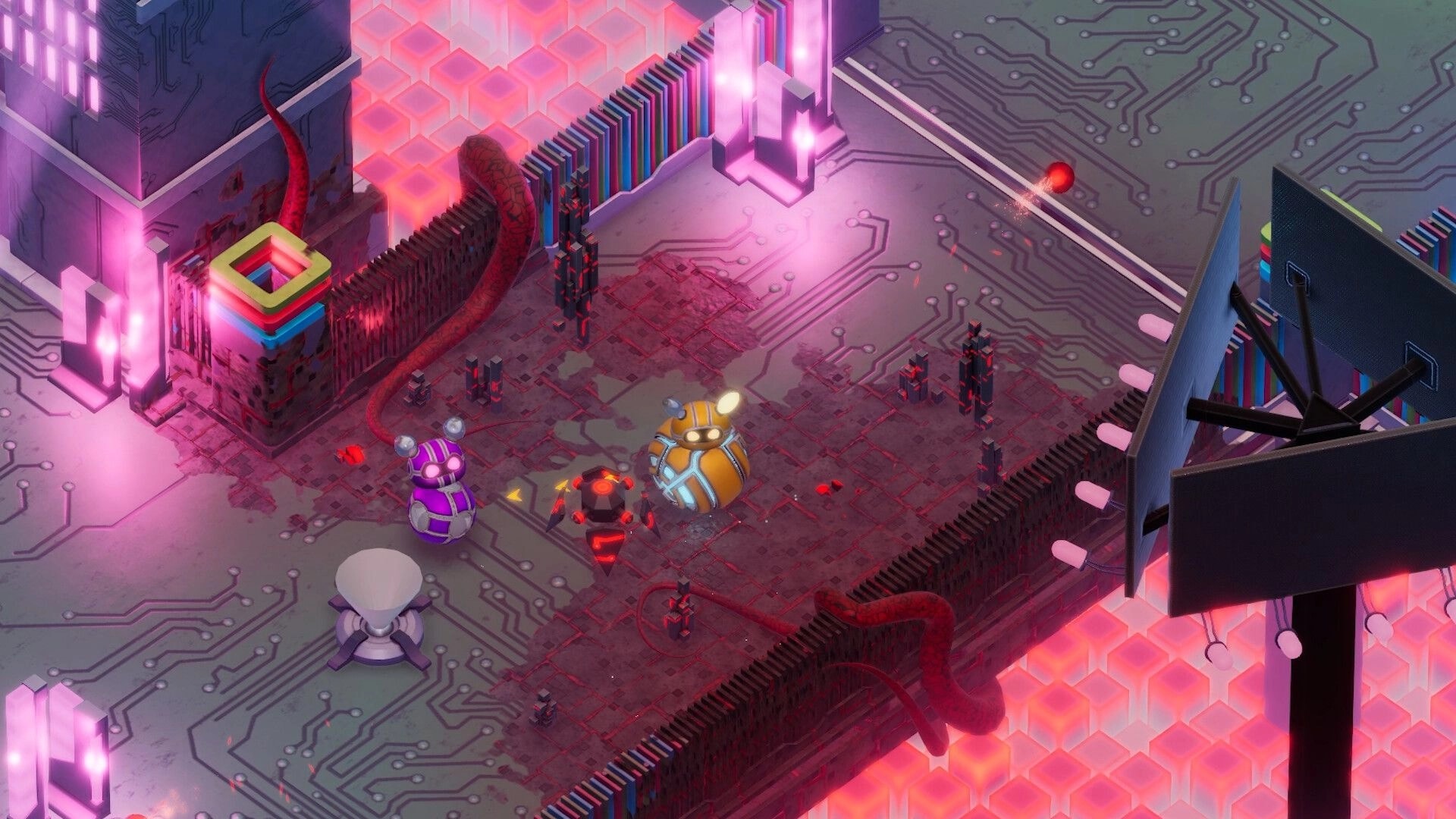 Bytebond: Two robot characters navigate a vibrant circuit board environment with glowing pink elements