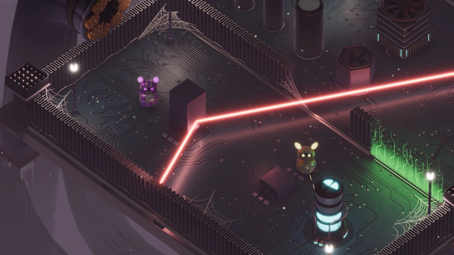 Bytebond: Two characters navigate a circuit board environment with lasers and glowing green barriers.