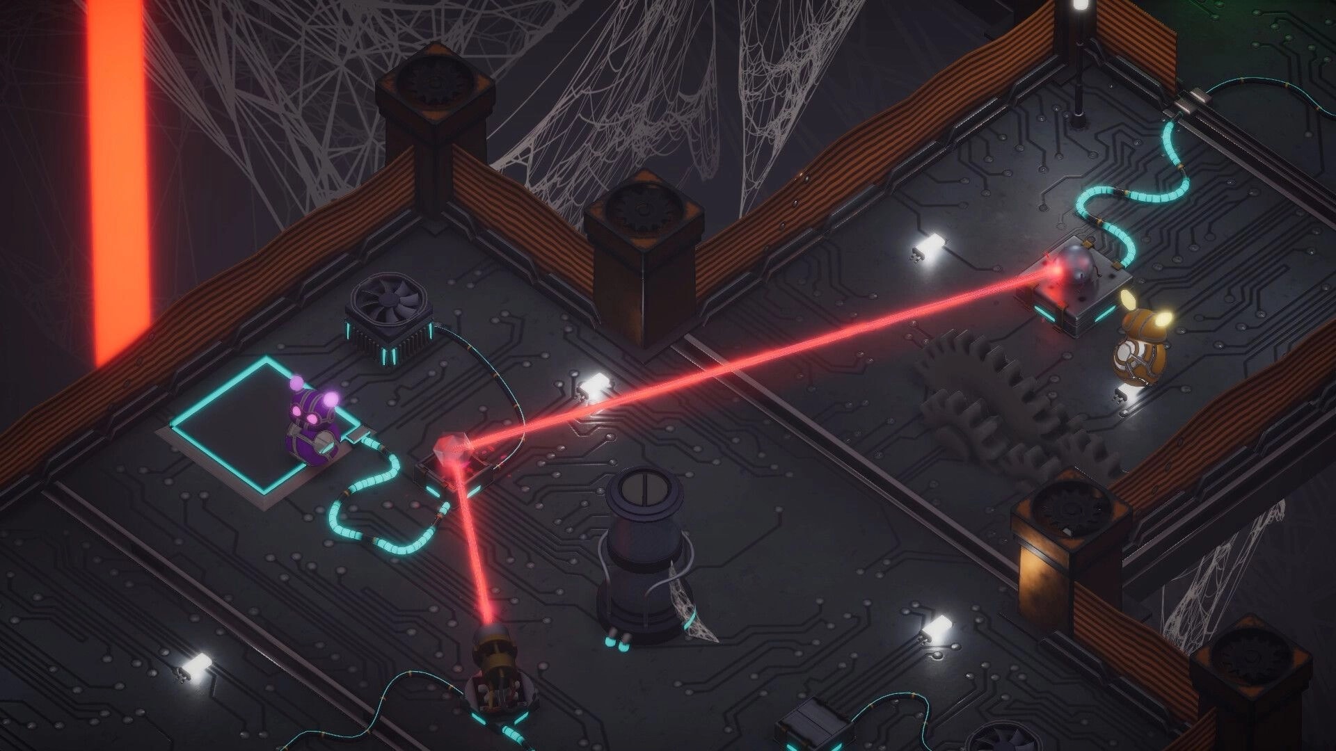 Bytebond: Characters solving laser grid puzzle in circuit board environment with glowing red beams