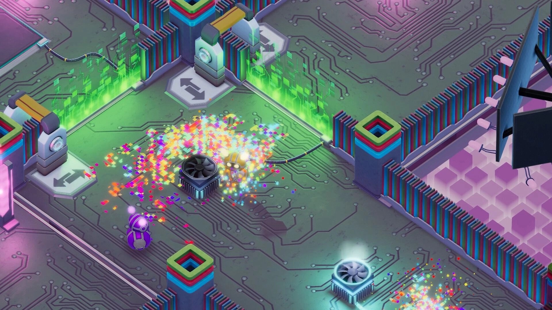 Bytebond: Robot duo navigating colorful digital circuit board with glowing barriers and pixelated effects