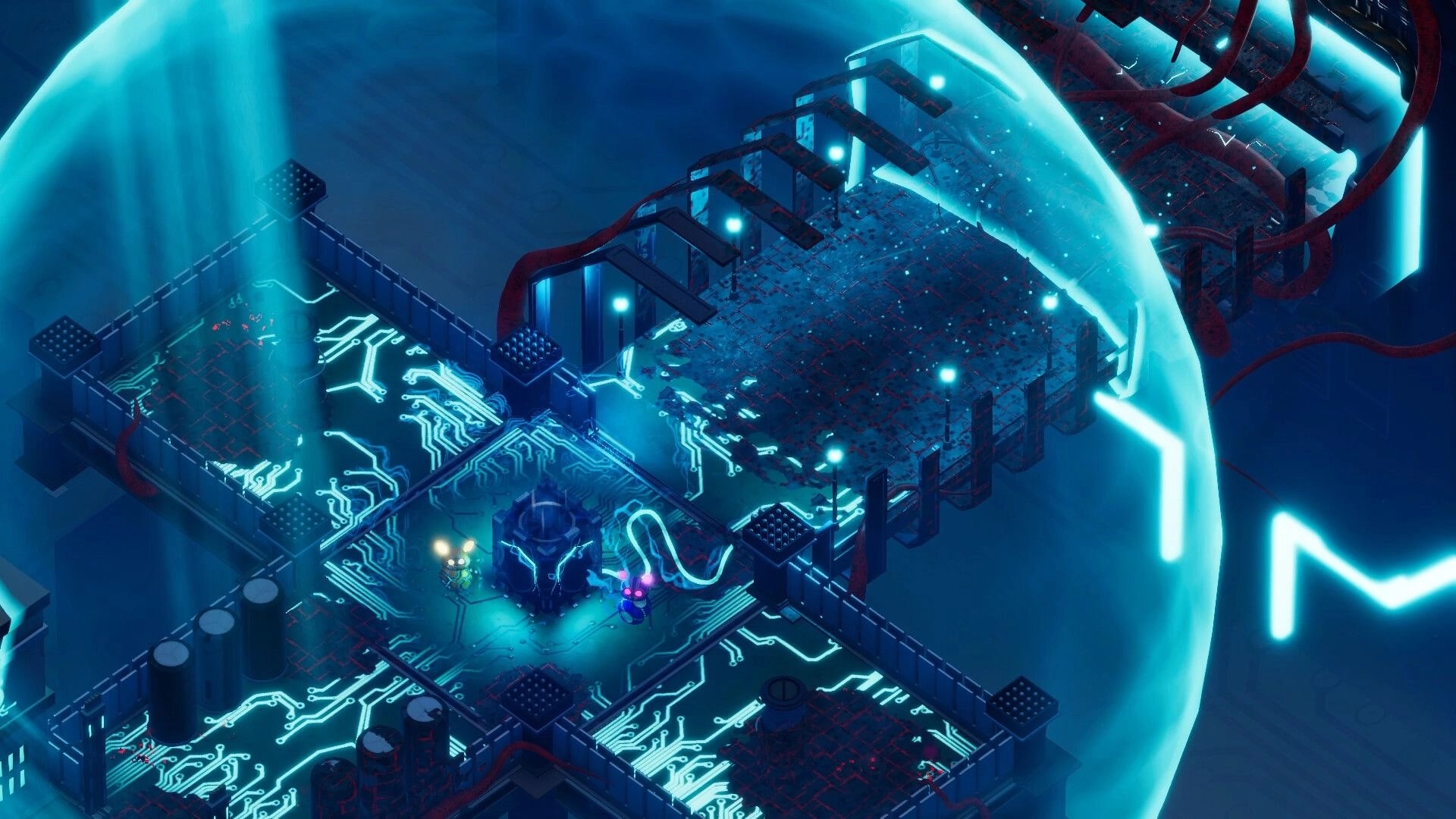 Bytebond: Two characters navigate a glowing circuit board path within a virtual CPU environment.
