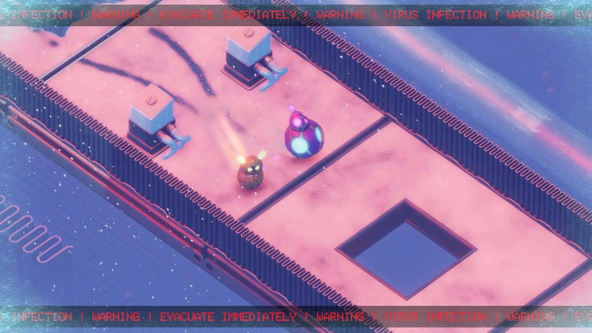 Bytebond: Two robotic characters navigate a pink circuit board with virus warning text overlayed