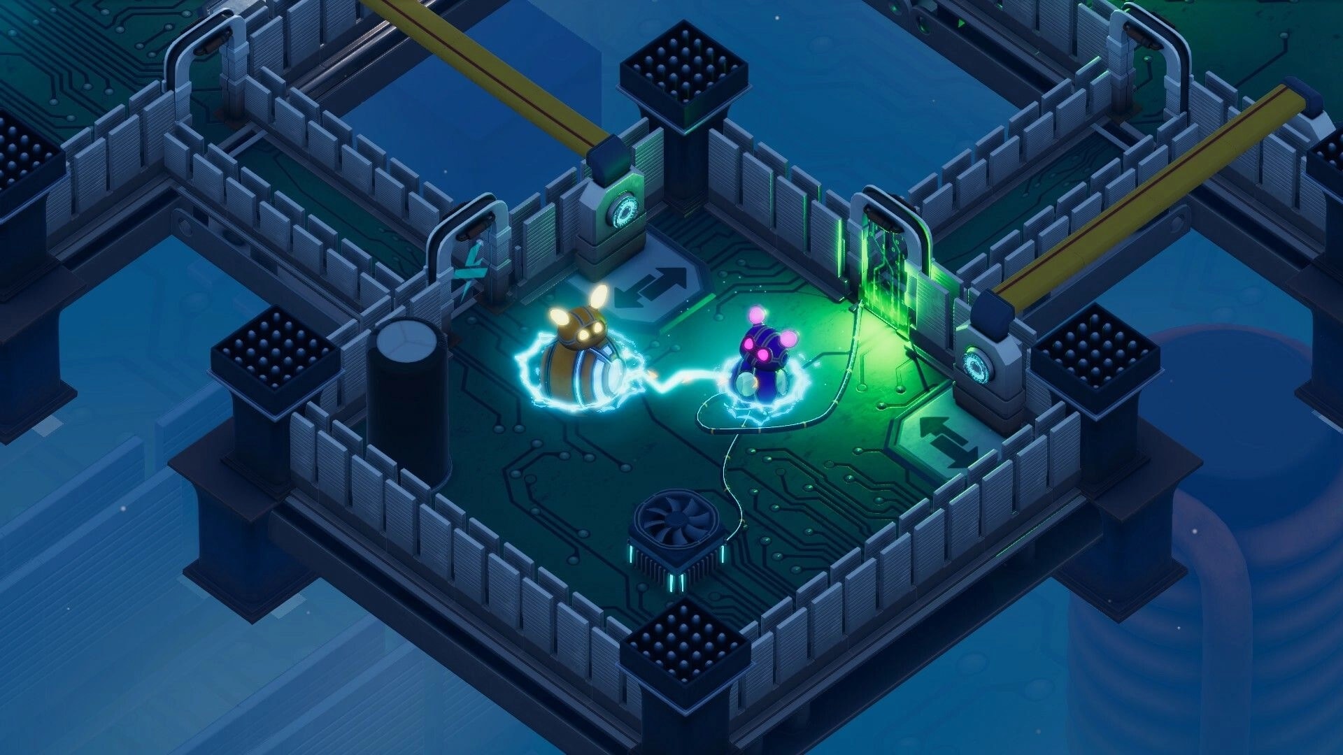 Bytebond: Two robot characters linked by energy in a circuit-themed arena with glowing green portal
