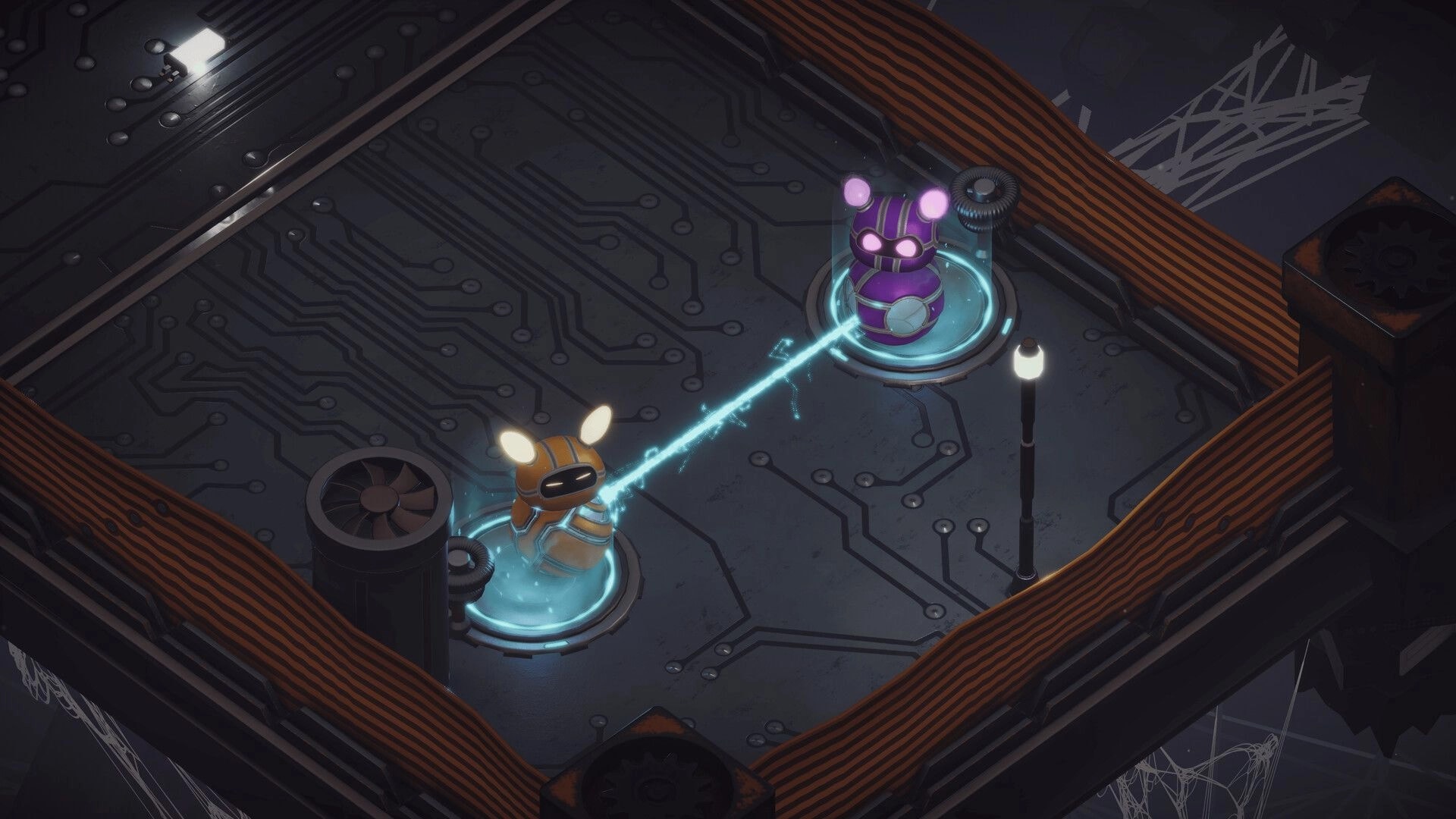 Bytebond: Two characters connected by an electric beam on a circuit board platform