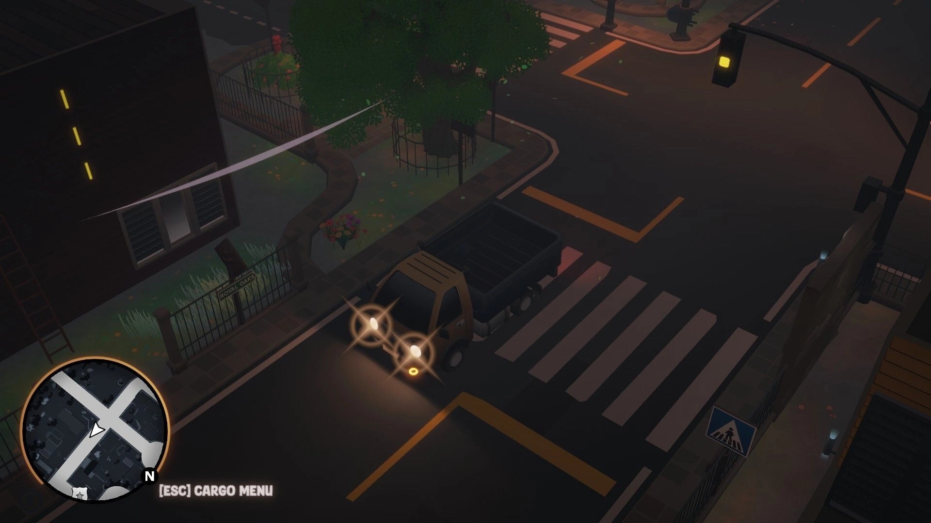 Cargo, Please!: Pickup truck idles at a crosswalk under yellow light, minimap and cargo menu UI.