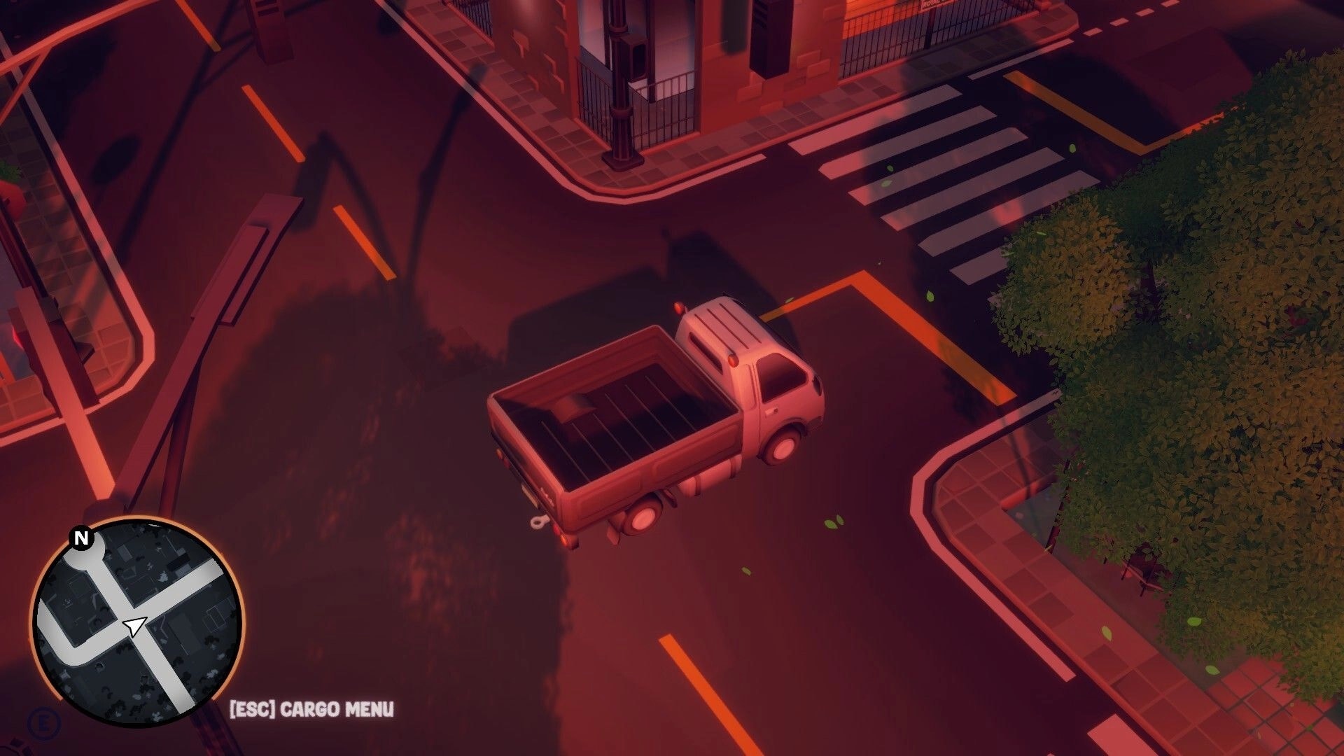 Cargo, Please!: Pickup truck turning at city intersection with minimap UI and cargo menu prompt visible.
