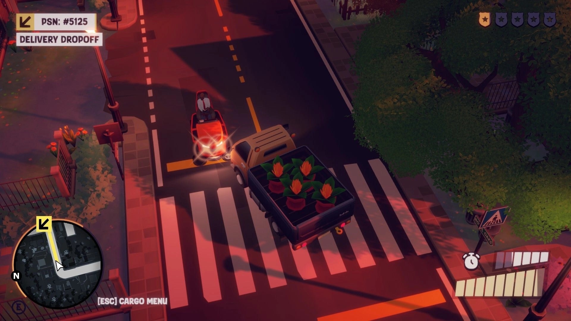 Cargo, Please!: Truck with potted plants hits a red car at a crosswalk, delivery UI and minimap visible.