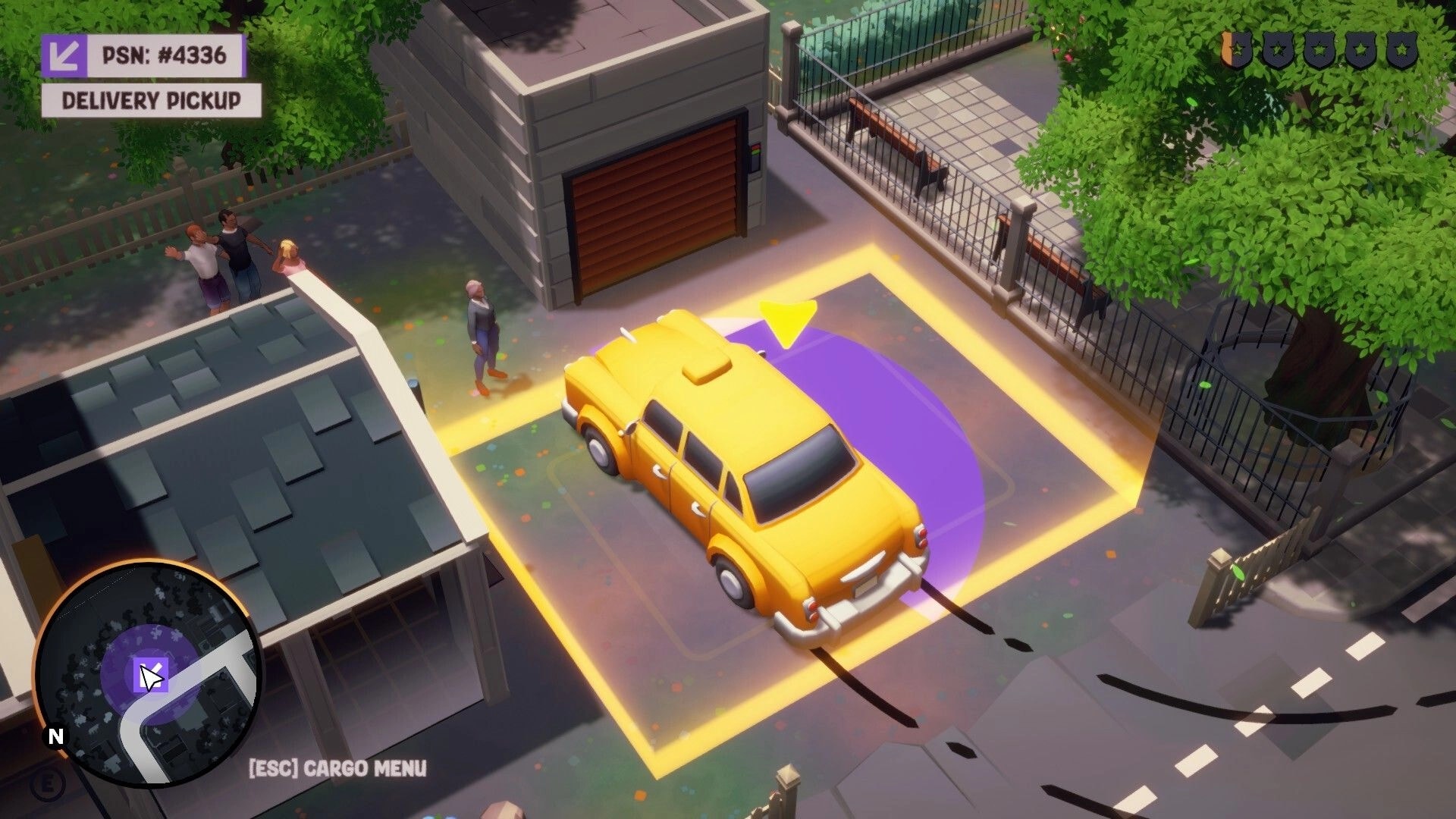 Cargo, Please!: Yellow car parked in purple pickup zone beside garage, minimap and delivery pickup UI up.