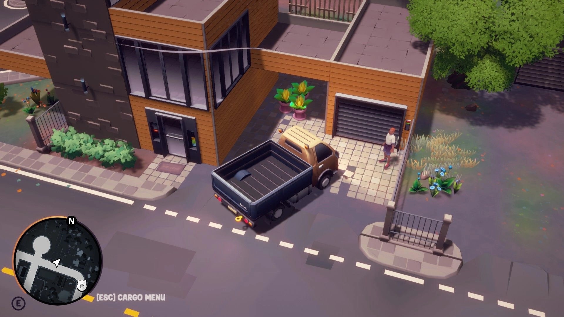 Cargo, Please!: Pickup truck idles by a garage door with minimap UI in a modern suburban street.