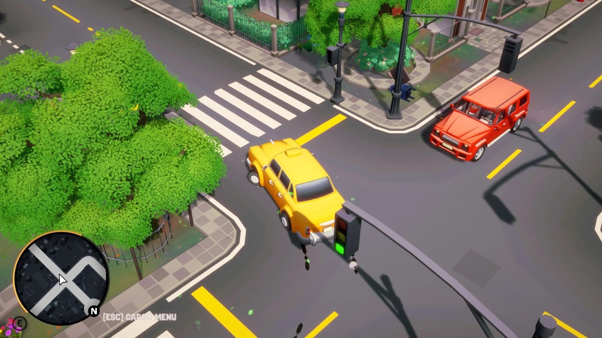 Cargo, Please!: Yellow truck turns at a crosswalk with minimap UI in a tree-lined city intersection.