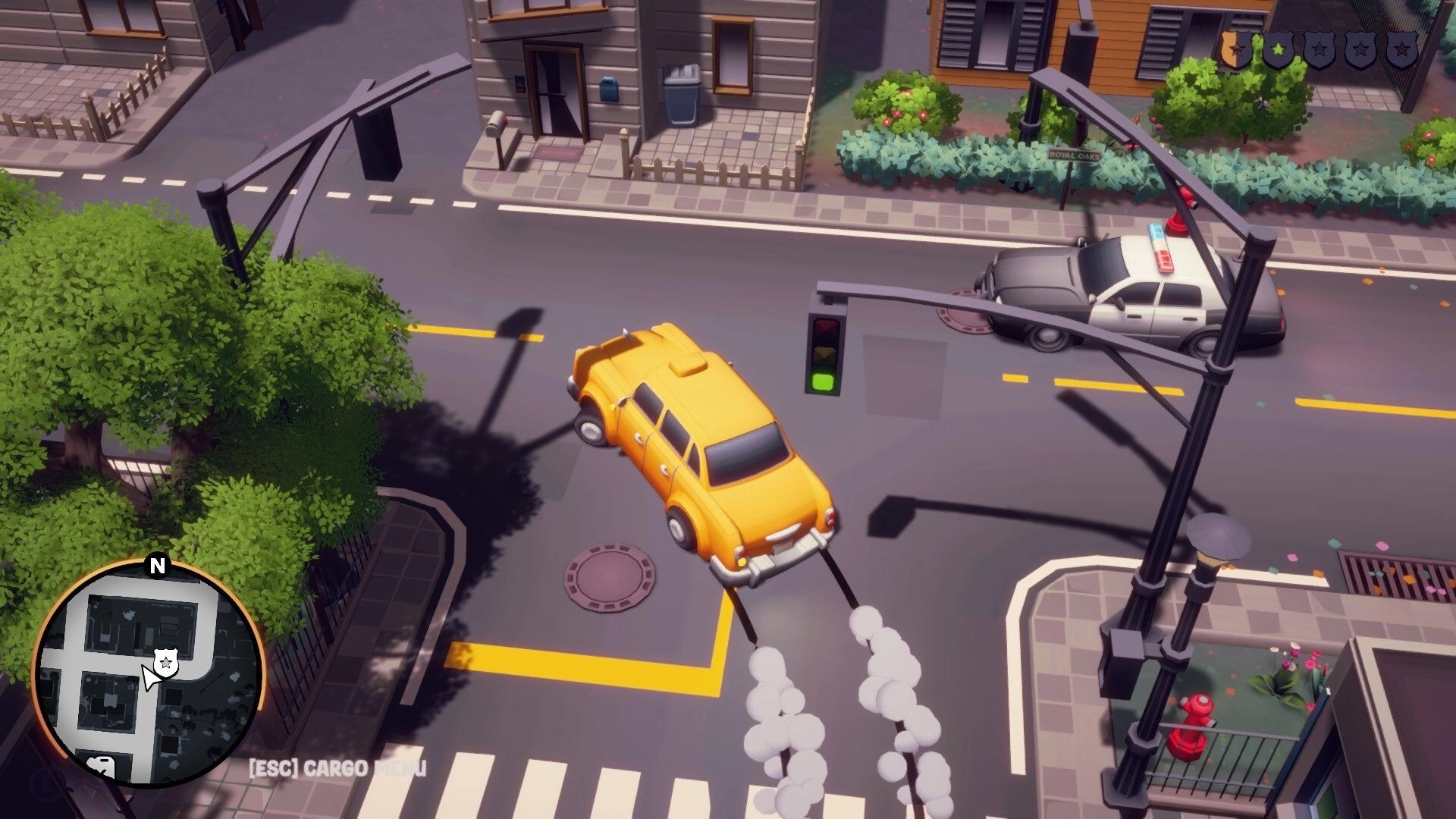 Cargo, Please!: Yellow delivery car drifts through intersection past police car, minimap HUD in city streets.