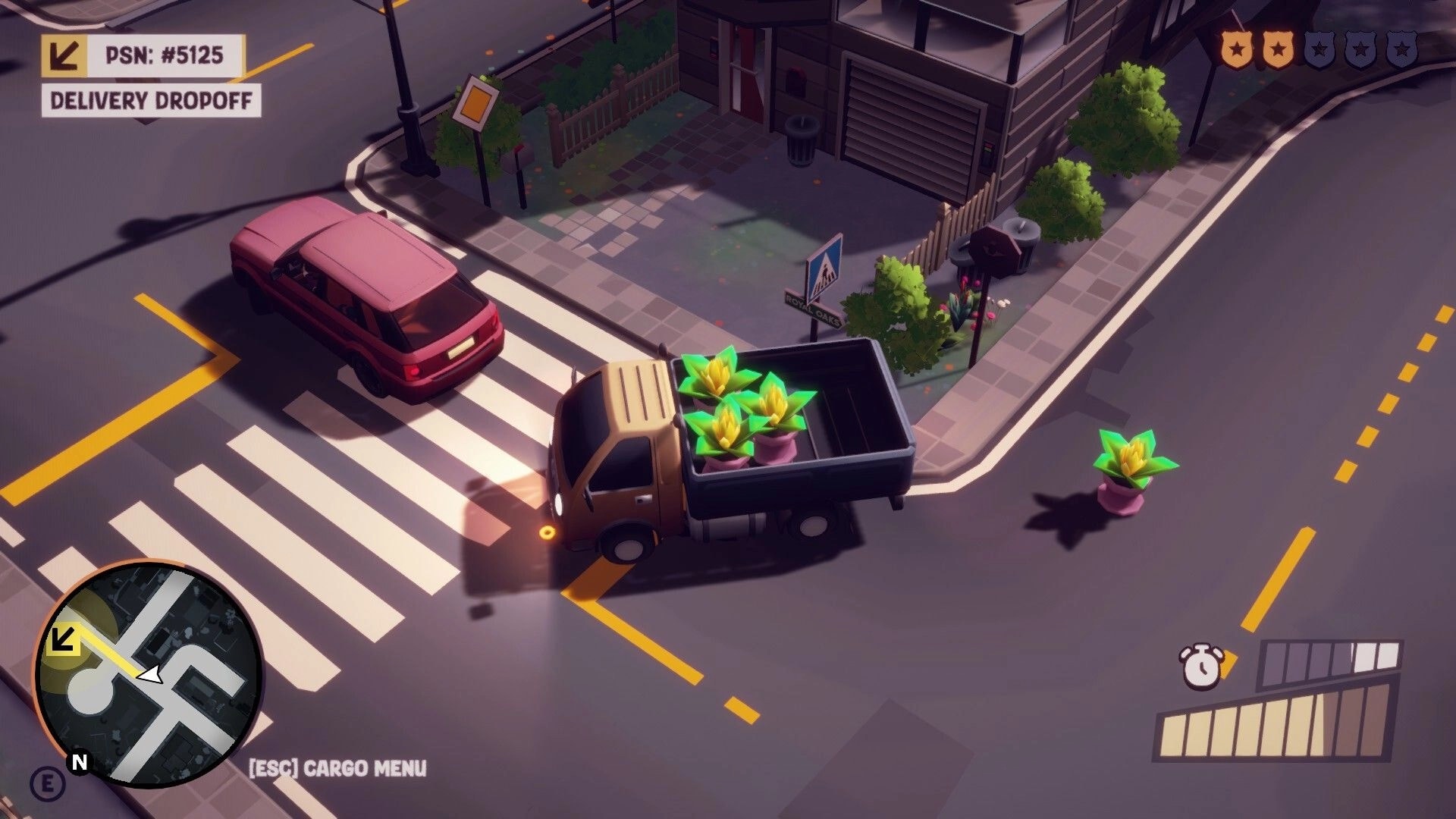 Cargo, Please!: Pickup truck hauling potted plants past crosswalk, Delivery Dropoff UI on city street.