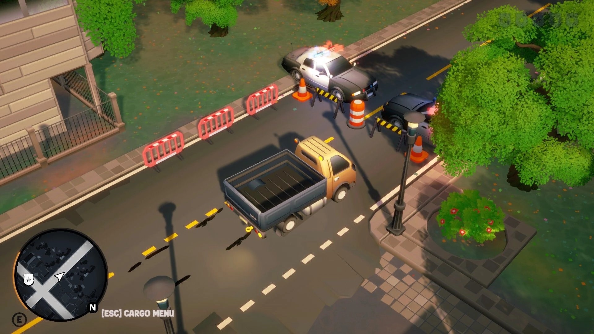 Cargo, Please!: Pickup truck approaches police roadblock with cones and barriers on city street map UI.