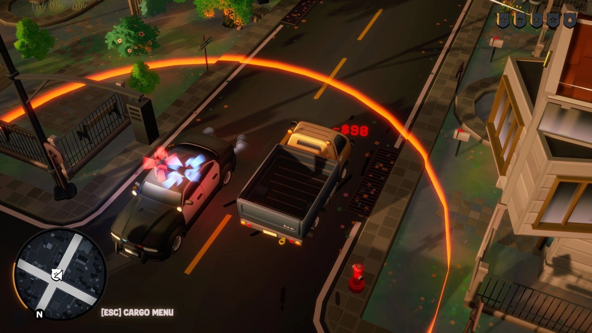 Cargo, Please!: Pickup truck hit by police car, red -$90 popup on a city street with minimap UI.