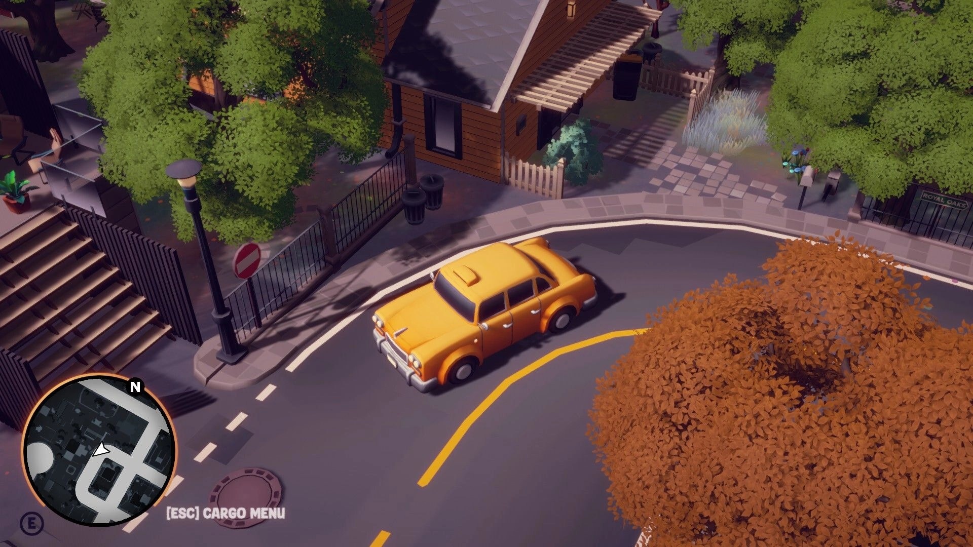 Cargo, Please!: Yellow sedan turning a corner with minimap HUD in a leafy suburban street scene.