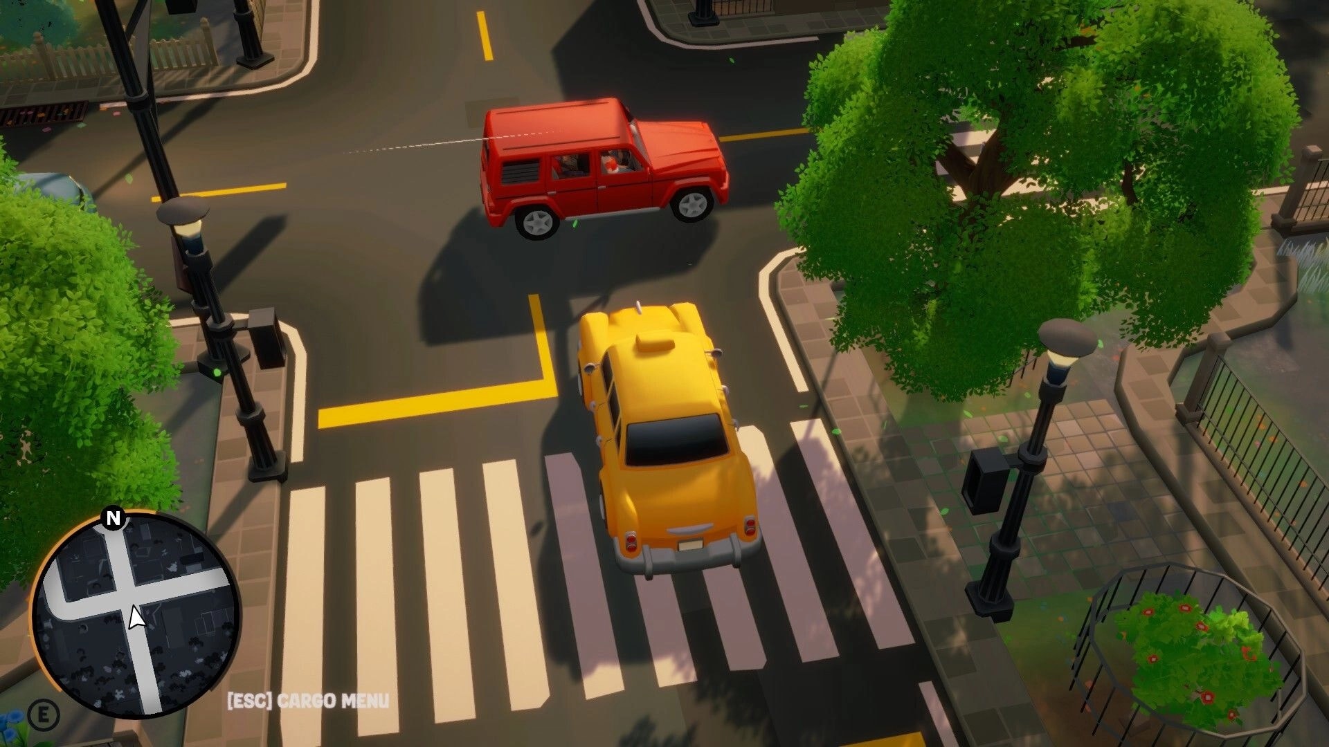 Cargo, Please!: Yellow taxi turns at a crosswalk near a red SUV, minimap UI on leafy city streets.