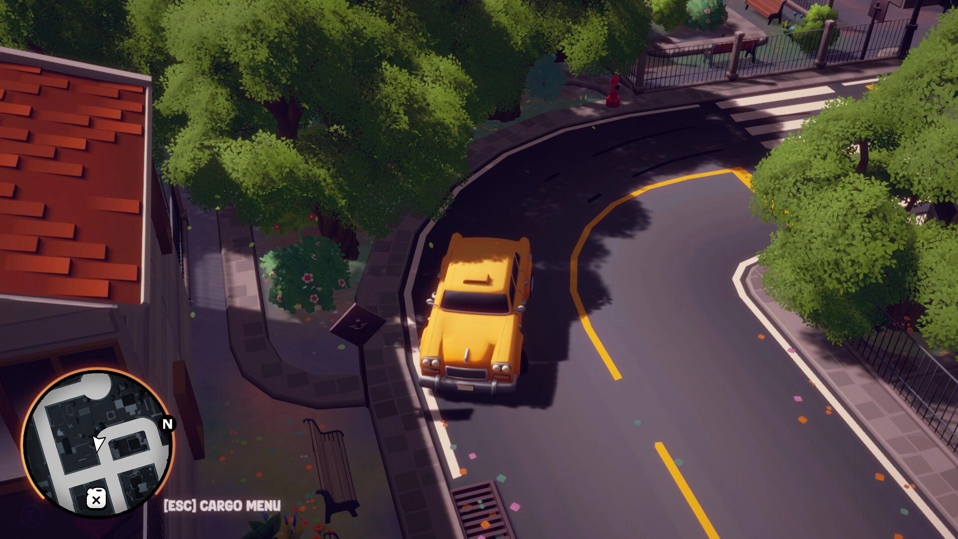 Cargo, Please!: Yellow delivery truck rounding a tree-lined city curve, minimap and cargo menu UI visible.