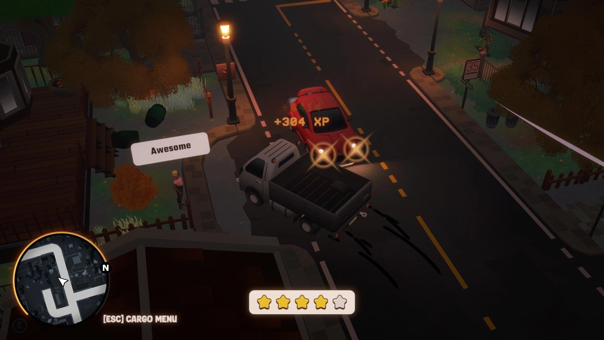 Cargo, Please!: Pickup truck rams a red car for +304 XP, minimap and star rating on night street.