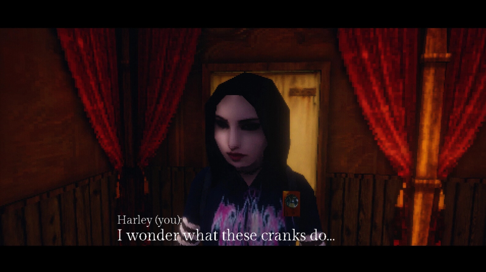 Carnival Massacre: Harley explores a dimly lit room with red curtains, pondering over mysterious cranks.