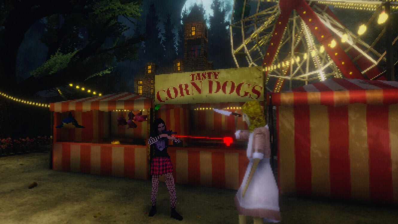 Carnival Massacre: Two characters face off with weapons at corndog stand in eerie carnival setting.