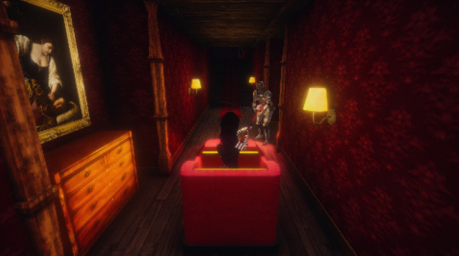 Carnival Massacre: Player in a red cart aims at an armored enemy in a dimly lit, narrow hallway.