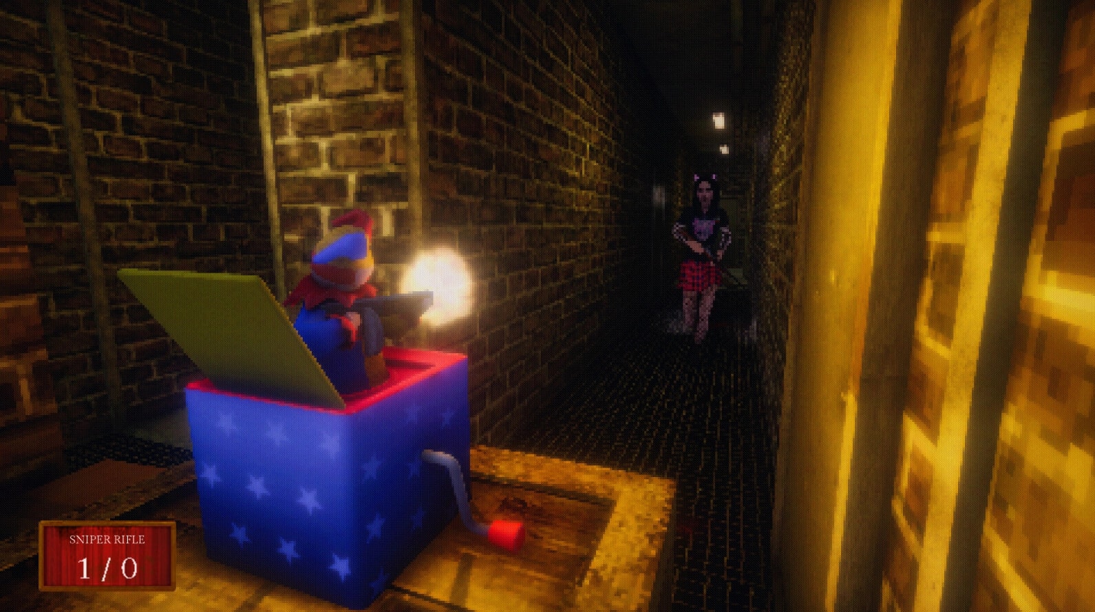 Carnival Massacre: Toy clown firing in a dimly lit brick hallway as a character approaches cautiously.