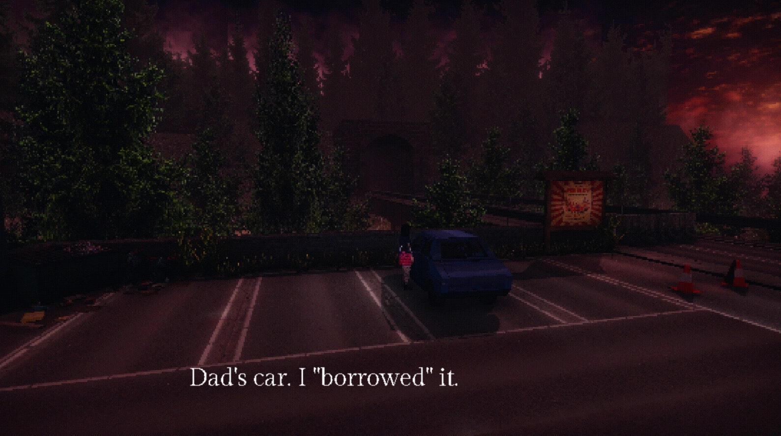 Carnival Massacre: Character stands by a parked car in a dark forest parking lot at dusk.