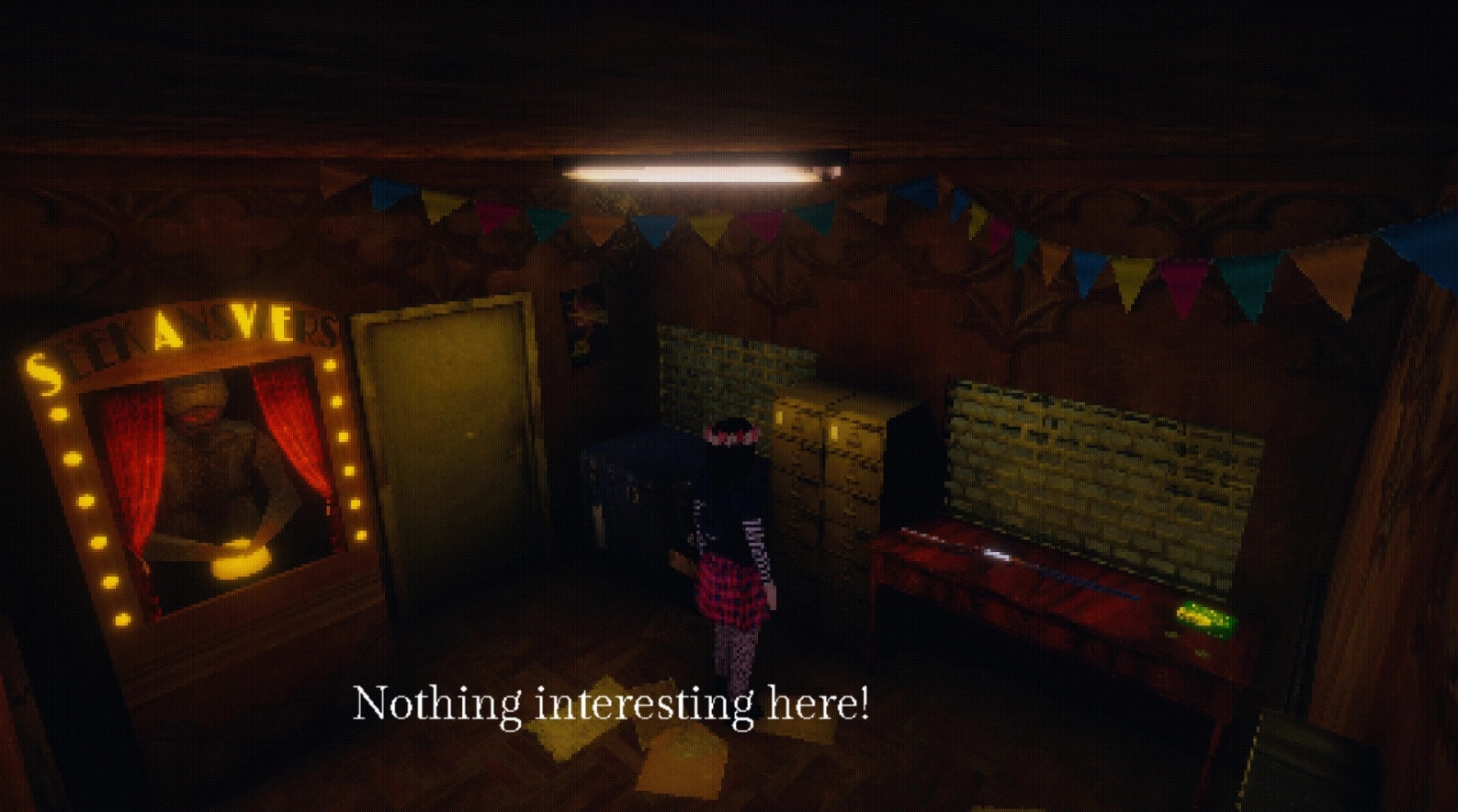 Carnival Massacre: Player examines a cluttered room with a fortune-teller booth and lockers.