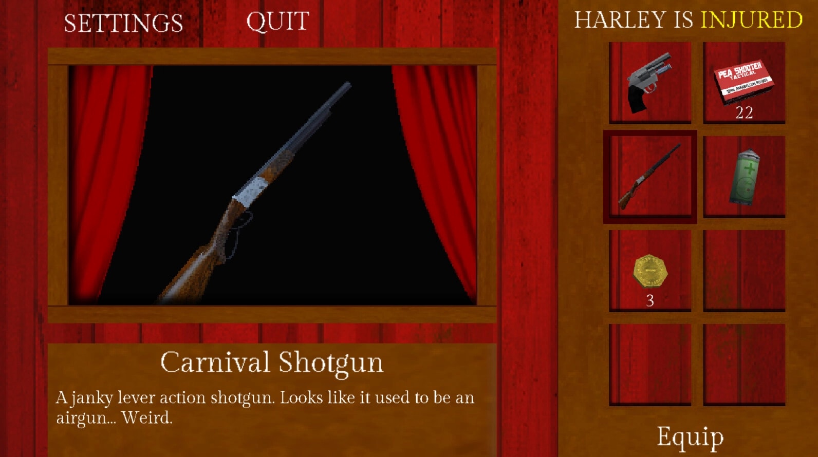 Carnival Massacre: Inventory screen displaying Harley's items and a highlighted Carnival Shotgun description