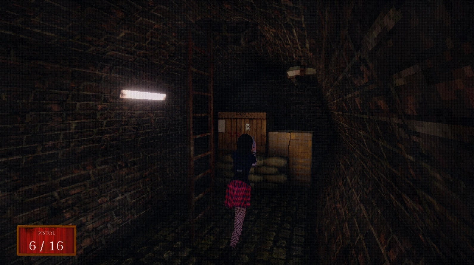 Carnival Massacre: Player explores dark brick tunnel with pistol ammo count displayed in corner.