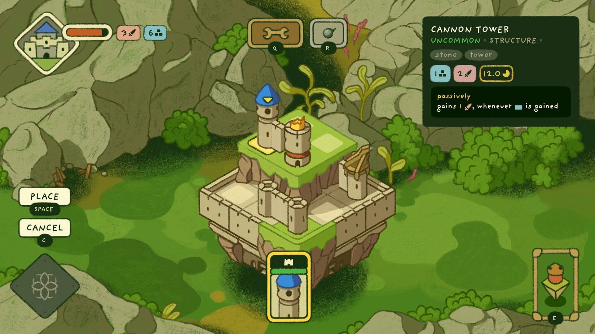 Castle Away: Placing a cannon tower on a floating castle platform, build UI over green cliffs.