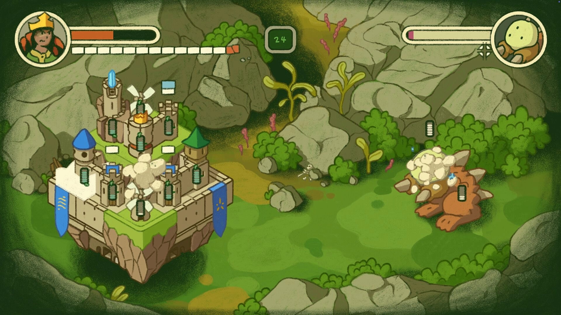 Castle Away: Floating castle trading blows with a spiked beast in a rocky green valley, UI bars up.