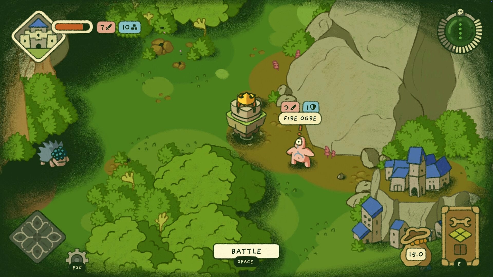Castle Away: Overworld map with Fire Ogre encounter prompt near cliffs and village, Battle button UI.