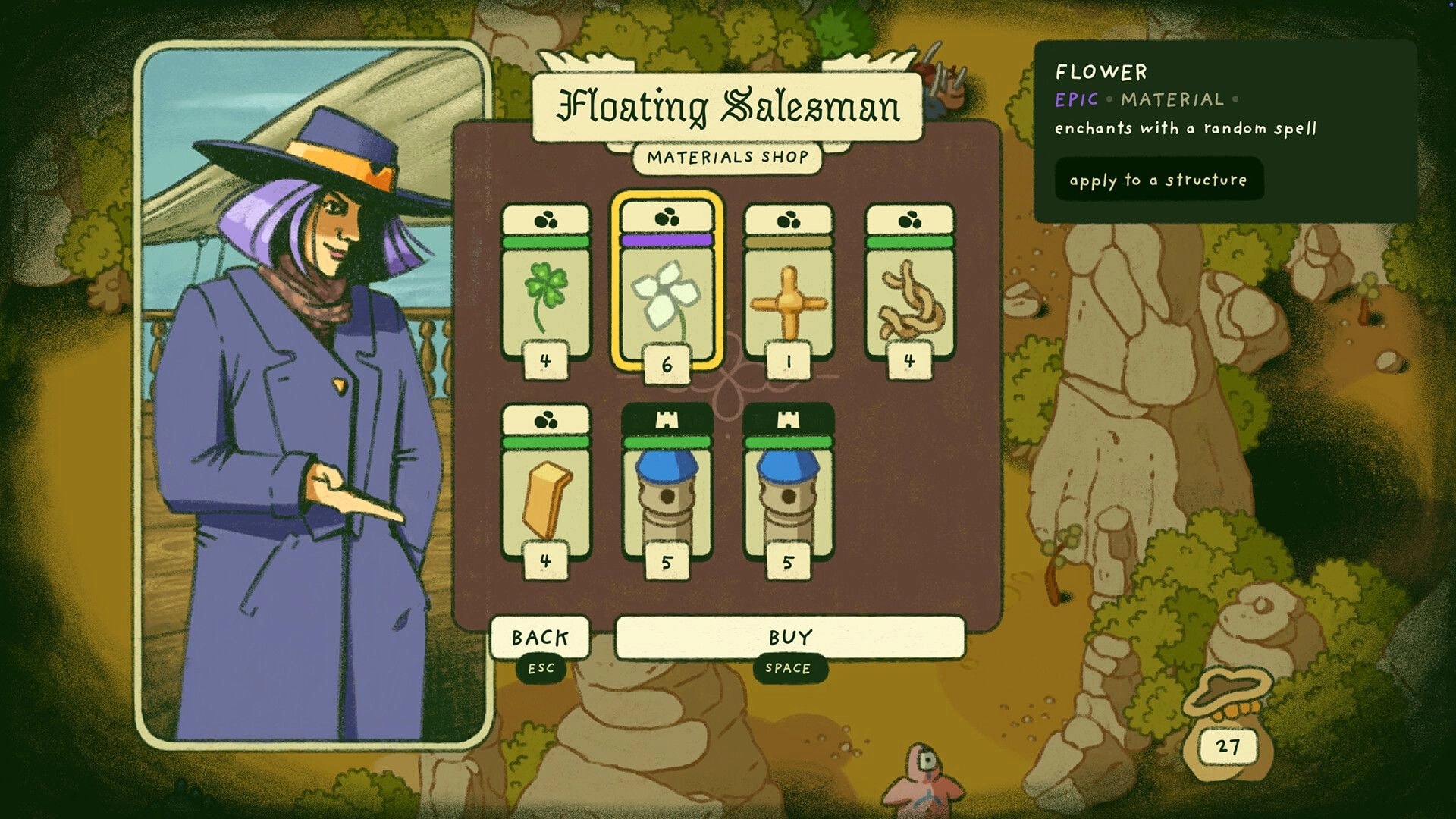 Castle Away: Floating Salesman materials shop menu with item cards and buy button over forest map.
