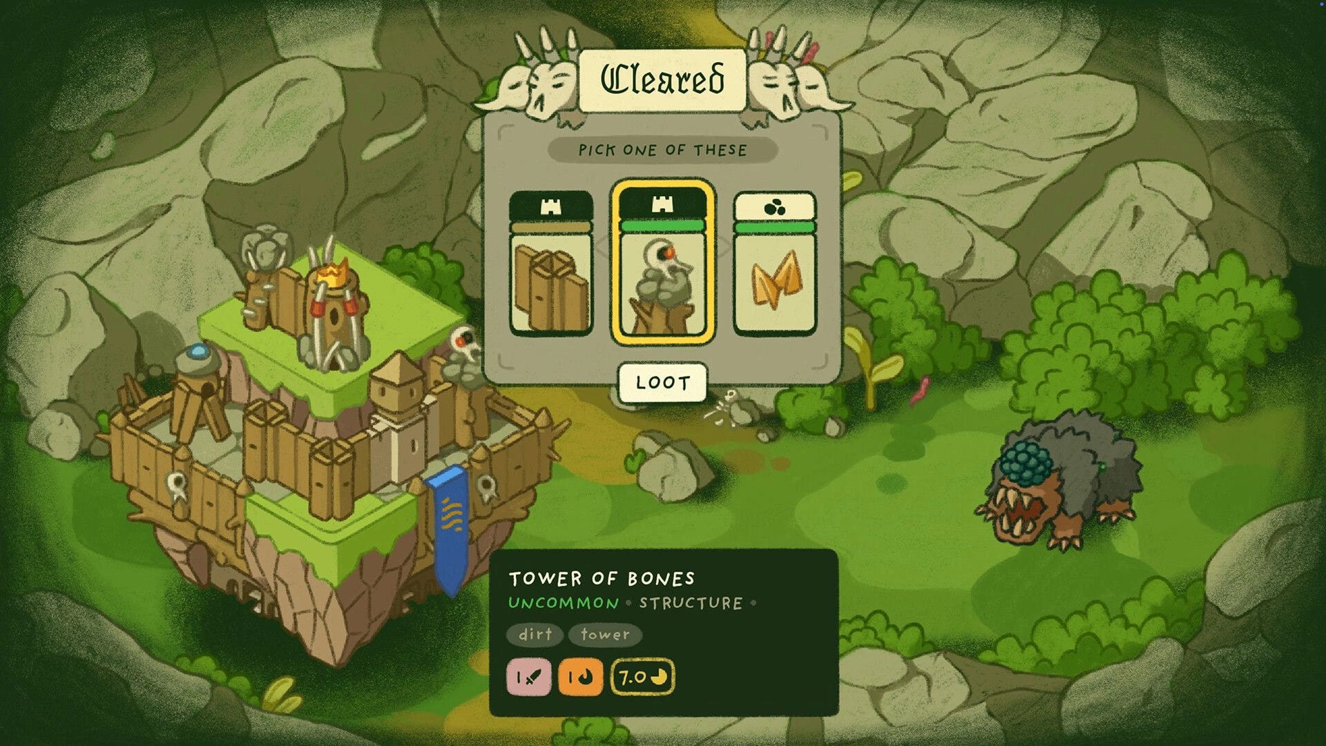 Castle Away: Loot choice menu after clearing battle beside flying fortress in a grassy forest clearing.