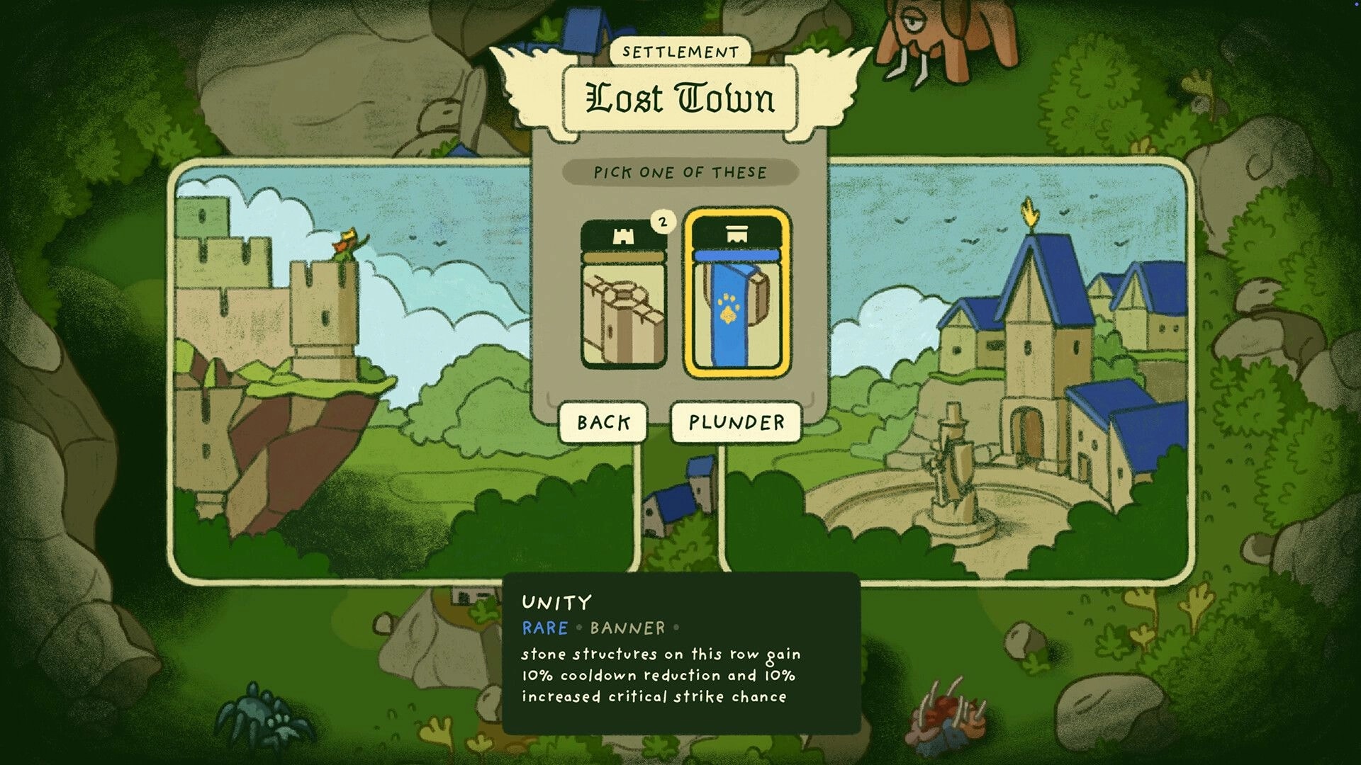 Castle Away: Lost Town settlement choice menu with banner reward, castle and village panels in forest map.