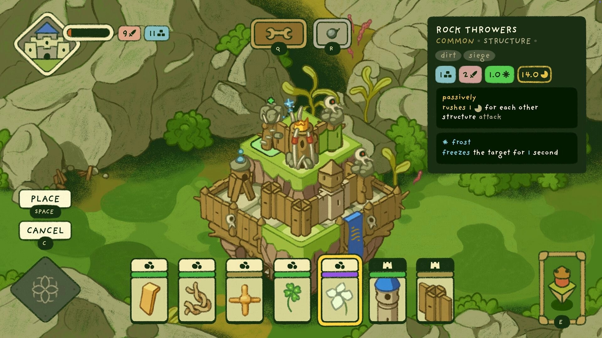 Castle Away: Placing Rock Throwers on a flying fortress, build UI open in a rocky green valley.