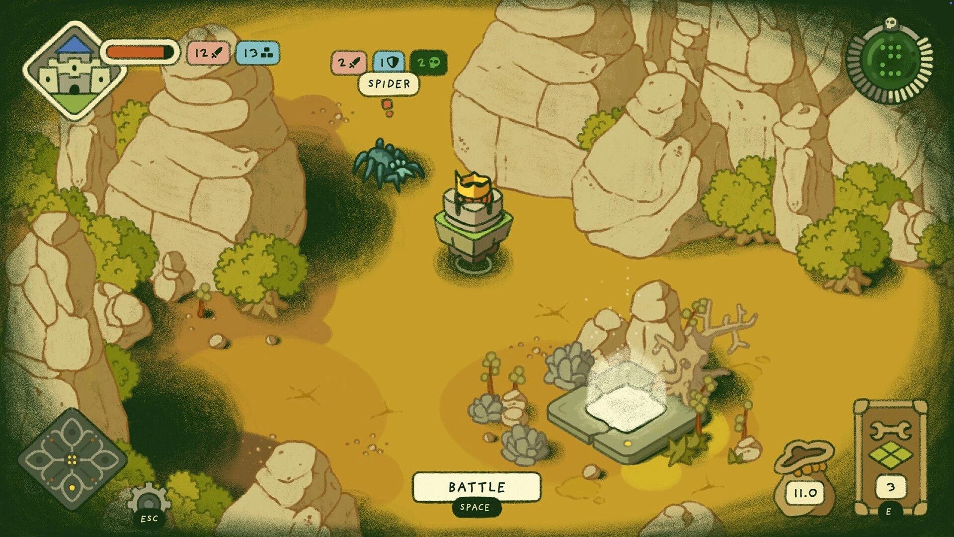 Castle Away: Castle icon faces a spider encounter on a canyon map with Battle prompt and UI meters.