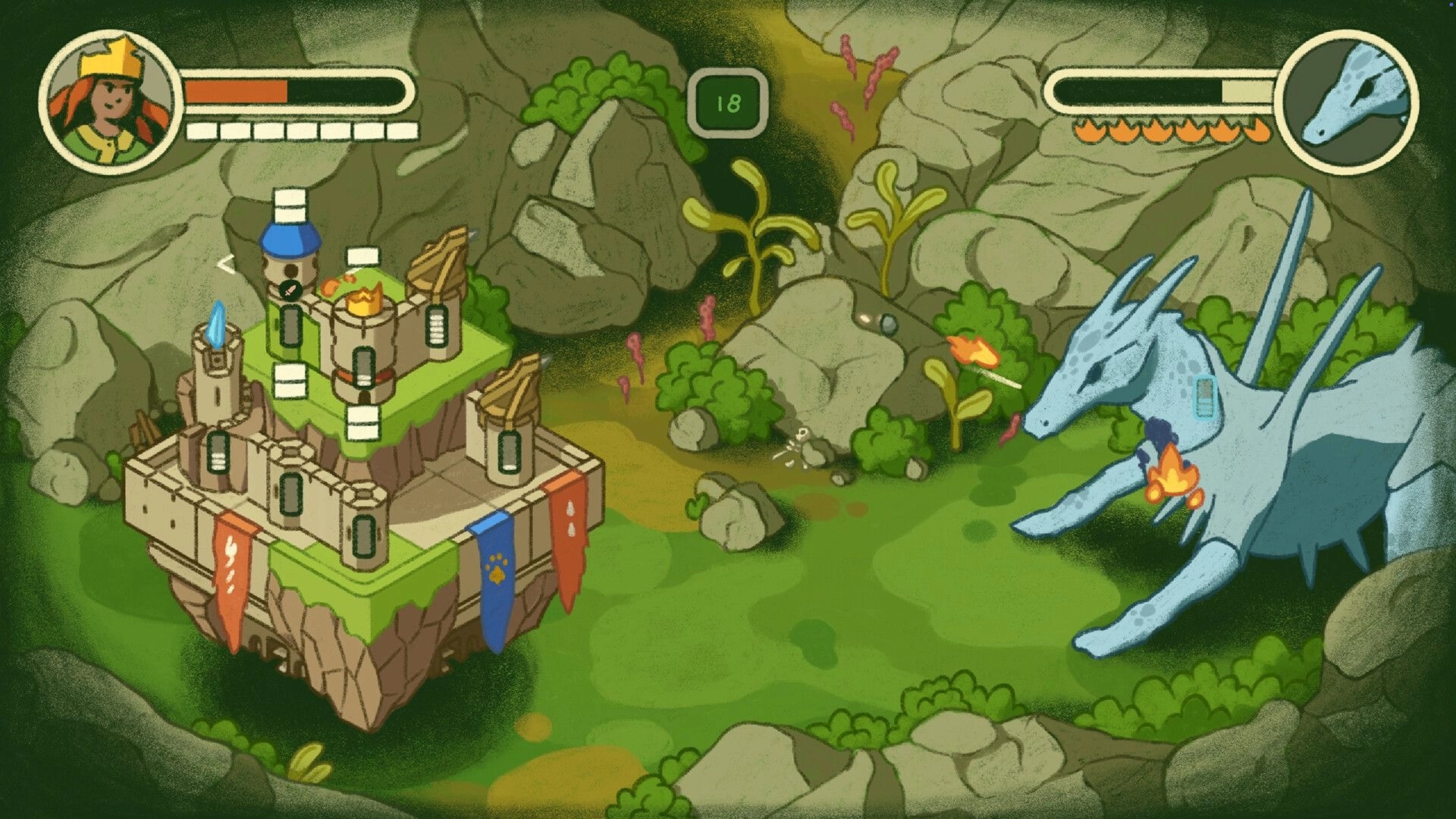 Castle Away: Flying castle battles a blue dragon in a rocky clearing with health bars and level 18 UI.