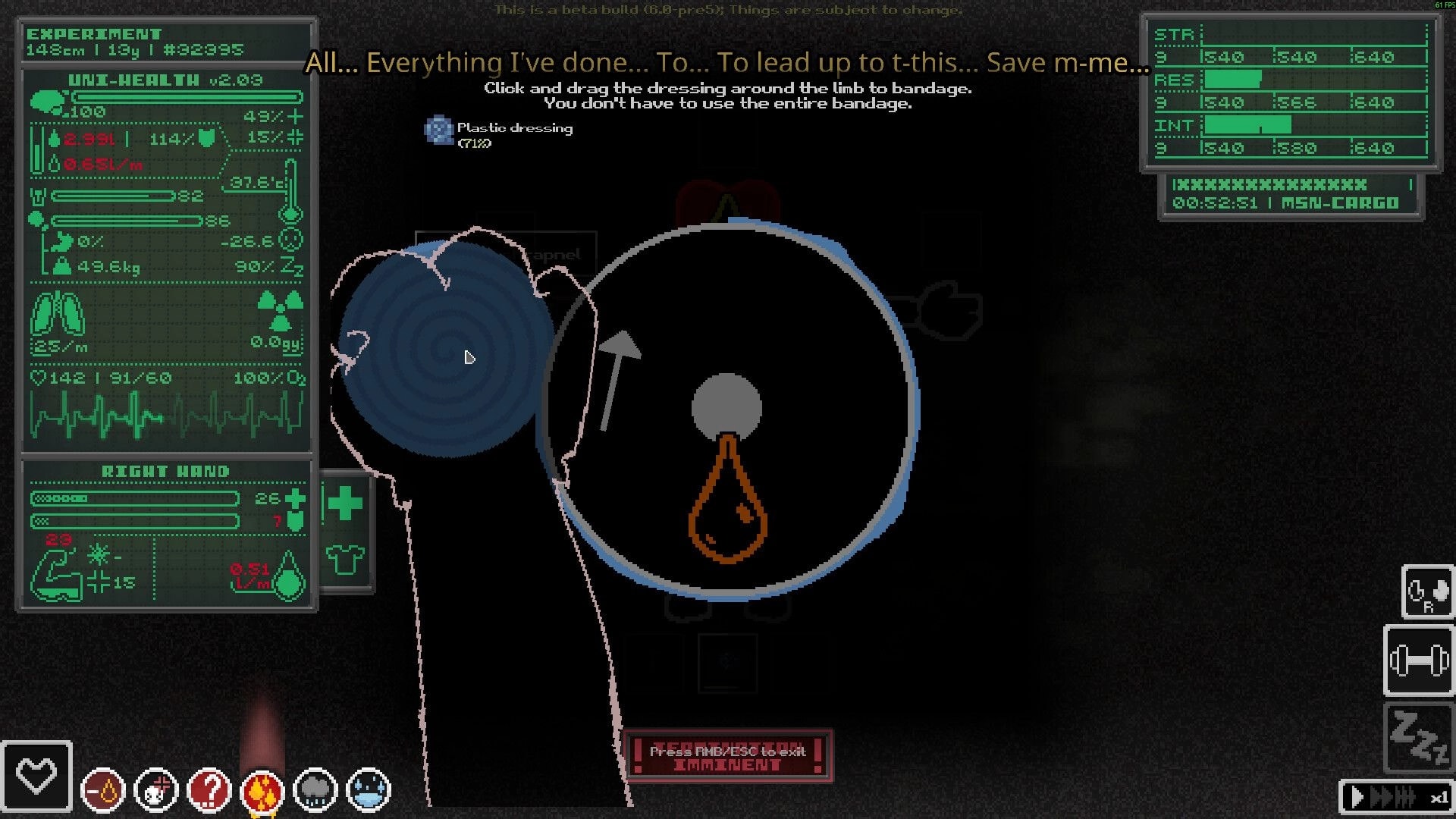 Casualties: Bandaging a limb with plastic dressing in the health UI over a dark cave backdrop.