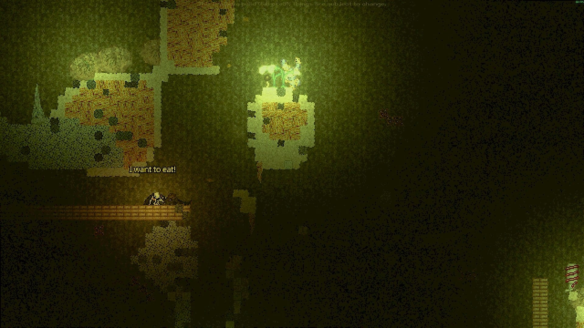 Casualties: Player stands on a wooden bridge as the message "I want to eat!" appears in caves.