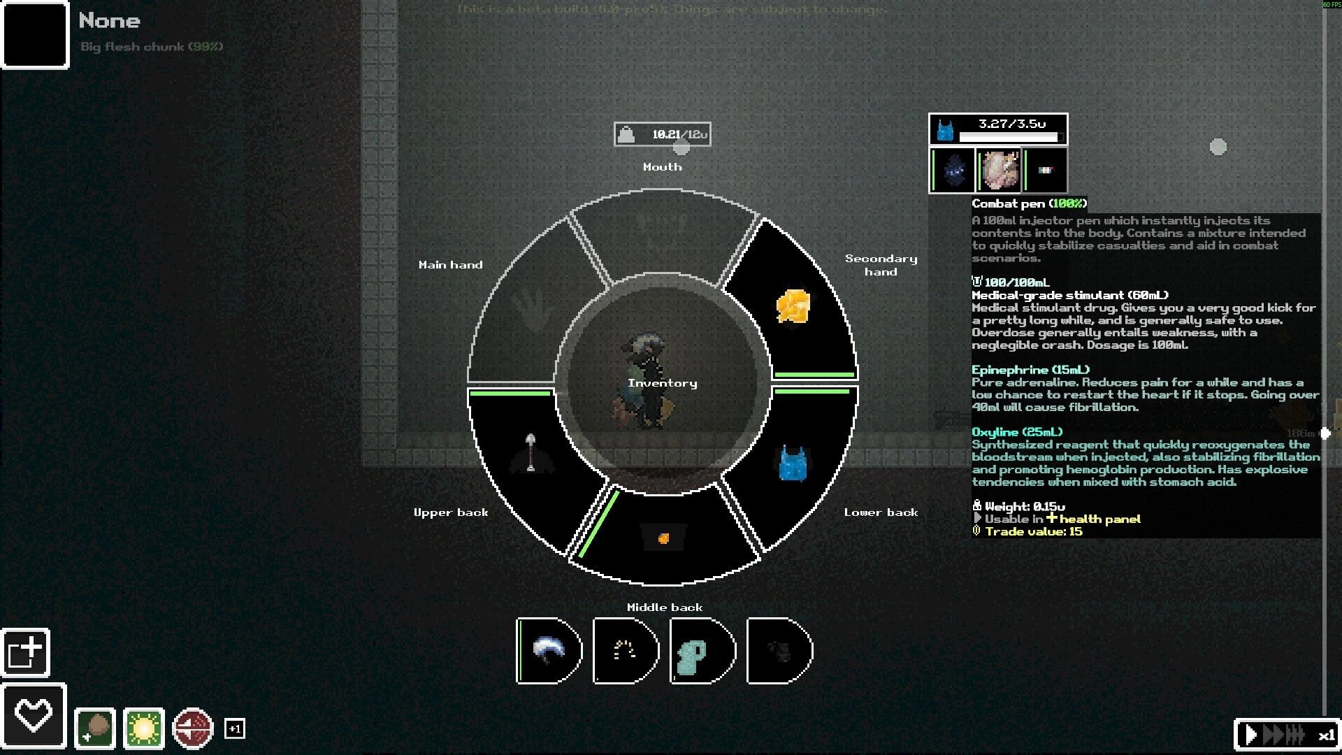 Casualties: Inventory wheel open with combat pen details in a dim cave corridor with two figures.
