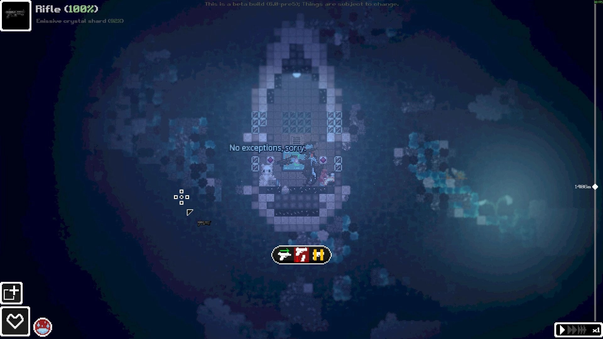 Casualties: Player with rifle faces a locked console saying No exceptions, sorry in dark cave room.