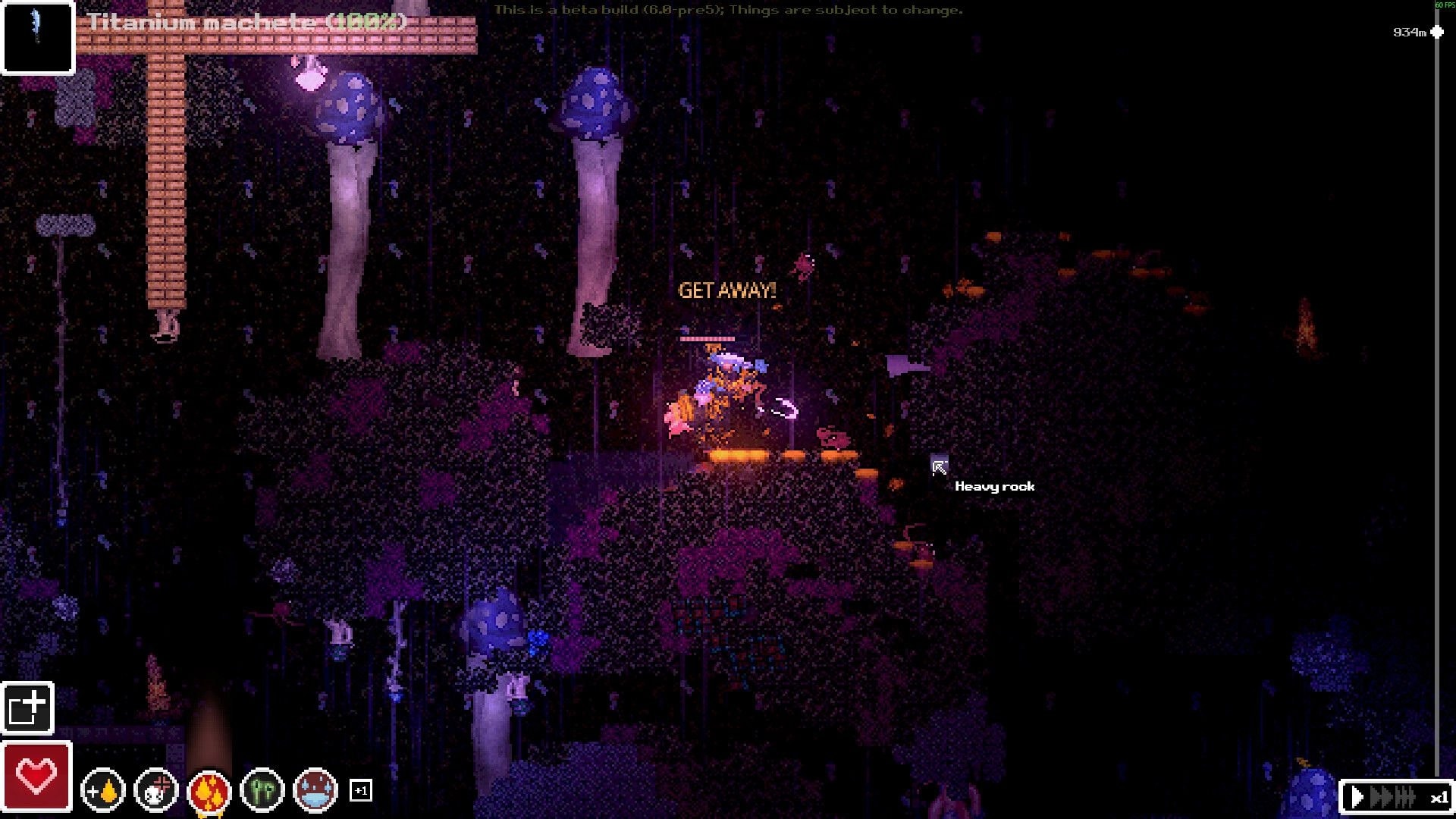 Casualties: Player swings titanium machete in dark mushroom cave, HUD icons and “Heavy rock” tooltip visible.