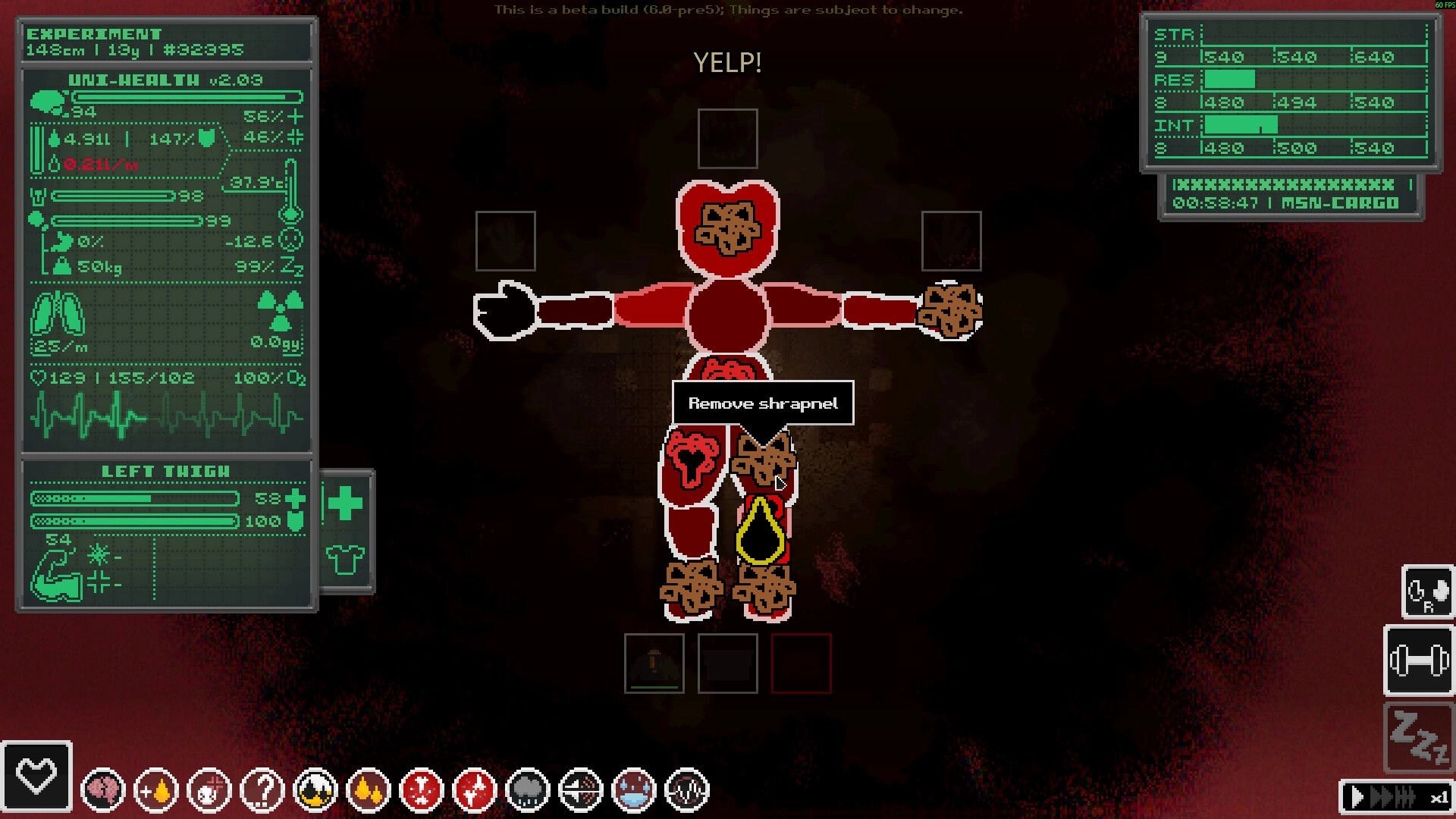Casualties: Injury status screen with body diagram and remove shrapnel prompt over dark cave backdrop.